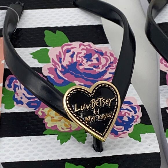 Luv Betsey Johnson Ariah Floral Stripe Flip Flop Sandals Heart Logo Womens Sz 8 - Picture 2 of 6